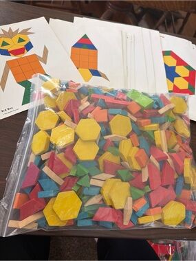 Vintage Wooden Pattern Blocks & Montessori Activity Cards learning advantage